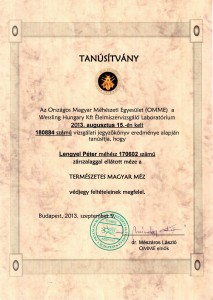 Tanúsítvány: Természetes Magyar Méz, 2013